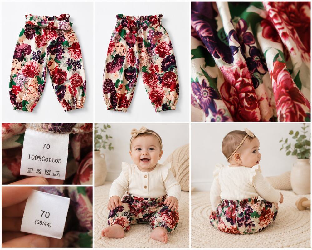 Baby Girls Floral Paperbag Waist Cotton Pants – US Size 6–9 Months (Tag Size 70)